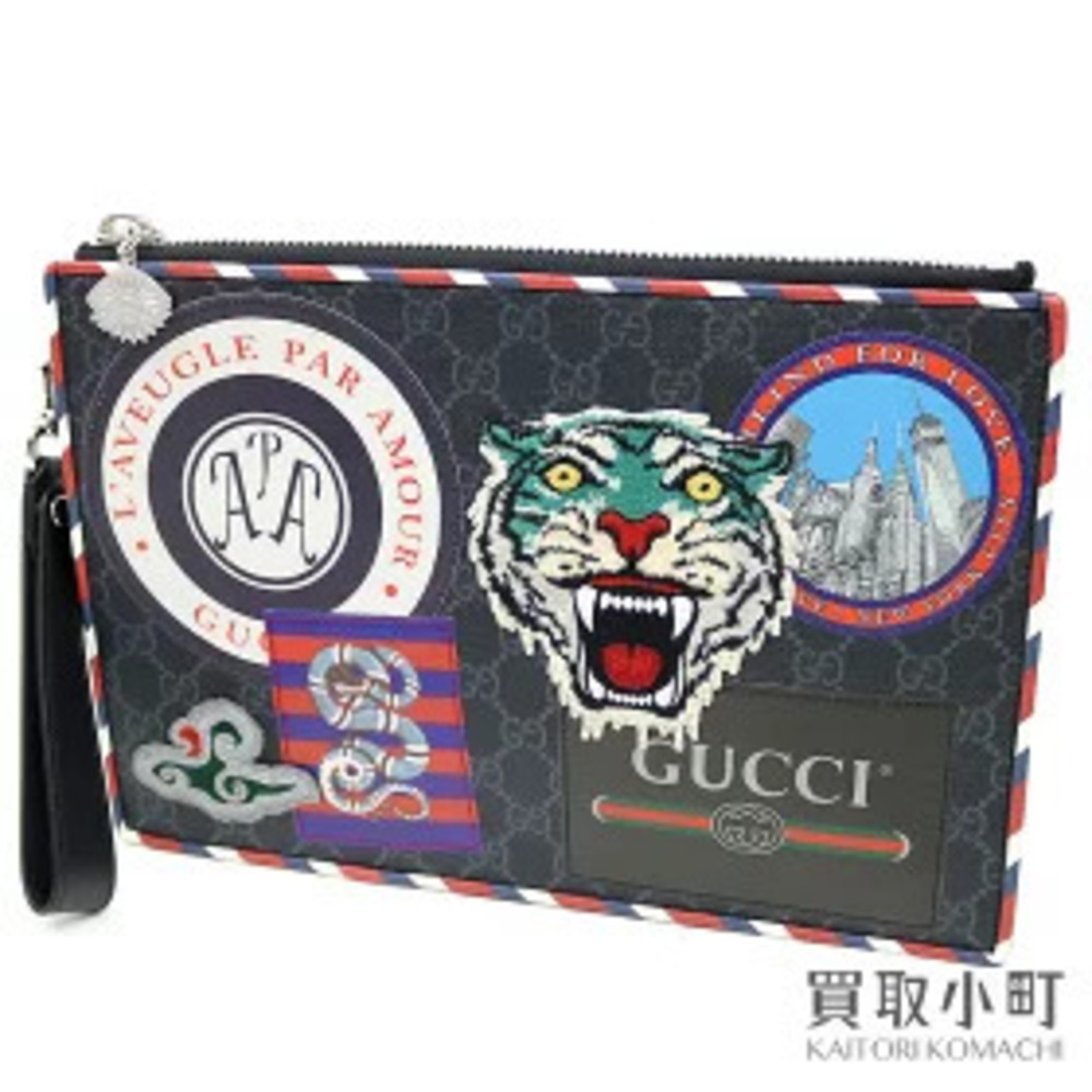 Gucci Courier GG Supreme Clutch Bag Embroidered Applique Tiger Patch Black